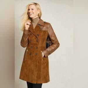 NWT IMAN Global Chic Leather & Suede Button Up Trench Coat Jacket